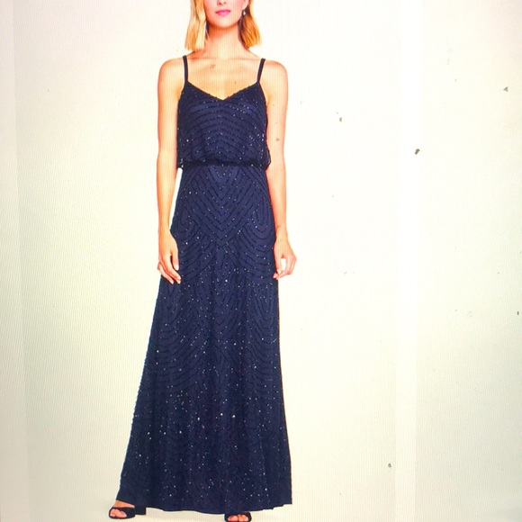 Adrianna Papell Art Deco Beaded Blouson Gown in Navy - Picture 6 of 11